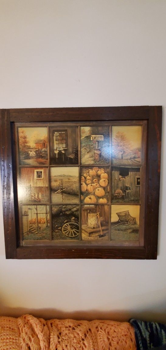 VTG Home Interiors Homco 12 Panel Rustic Window Pane Picture Autumn Harvest EUC
