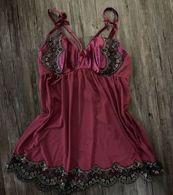 Intimate Magenta Satin Babydoll Chemise Nightgown Black Lace