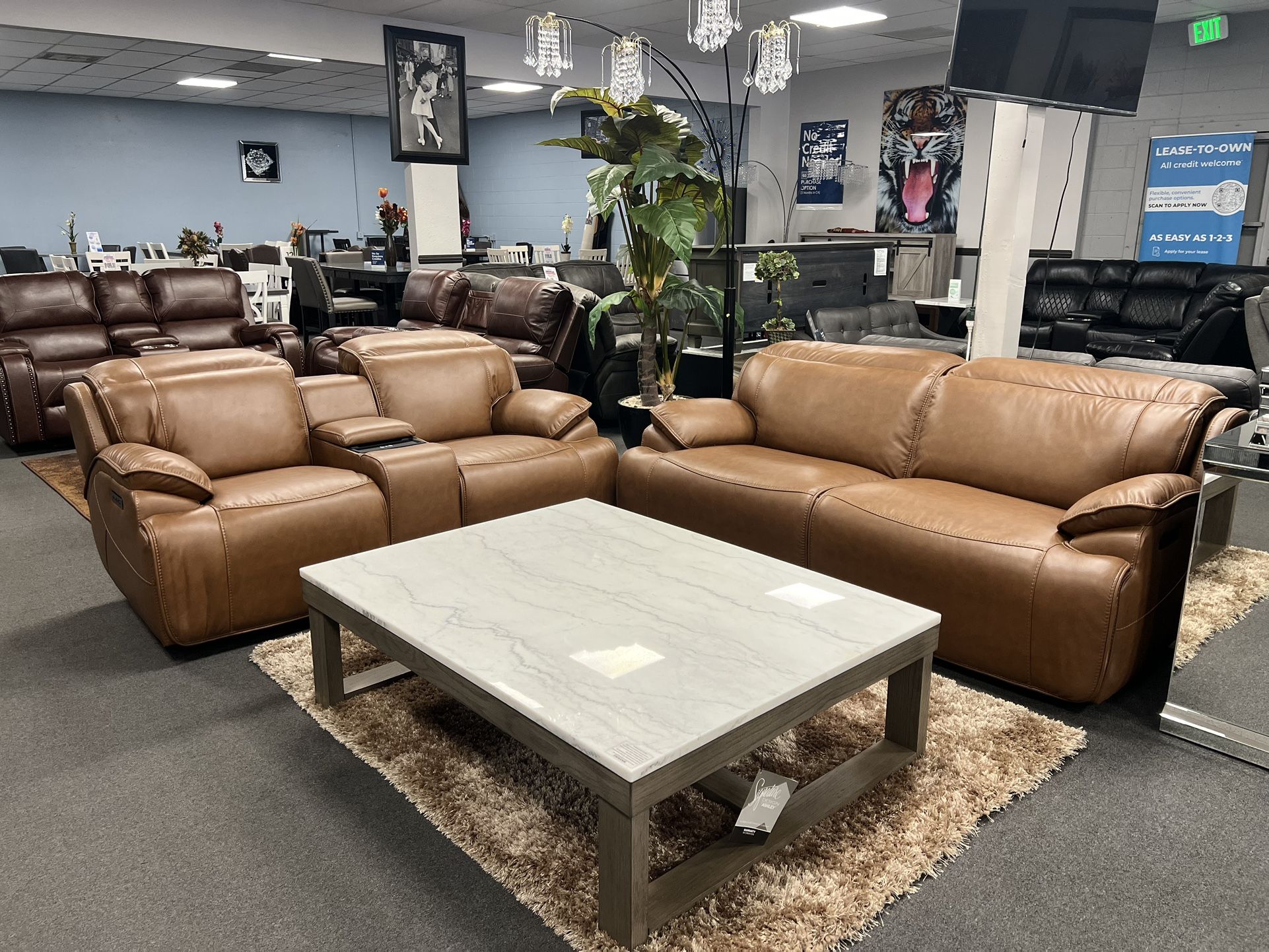 2PC Brown Leather Sofa & Loveseat w/ Wireless Charger & Power Recliners