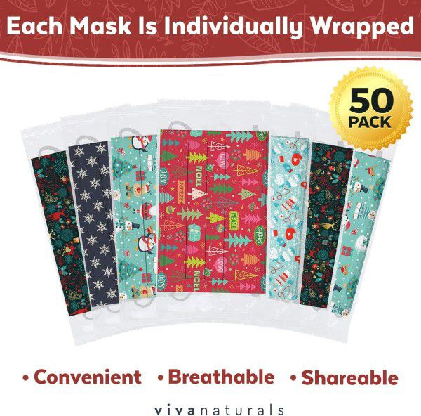 Christmas Disposable Face Masks for Kids (50 Individually Wrapped Masks) - Premium 3 PLY Face Mask with Nose Wire, Kids Christmas Face Mask, Cute Mask