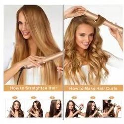 USHOW Hair Straightener and Curler 2 in 1 Professional Flat Iron for Hair Straightening Curling Suitable for All Hair Types, Dual Voltage - Gold (Gold
