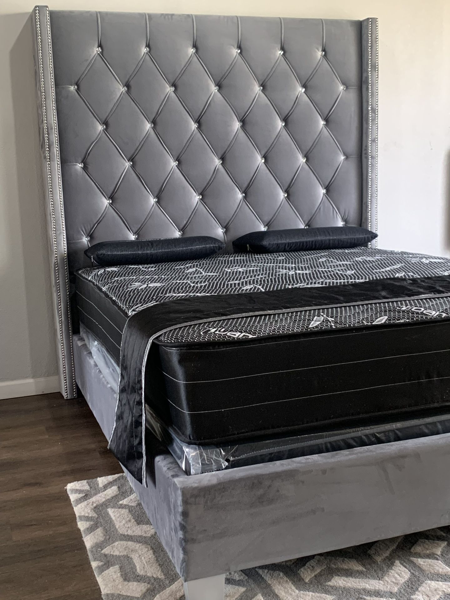 Brand New Queen Size Grey 6foot Tall Bed Frame With New Mattress/Fast Delivery