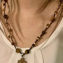 21” Boho Handcrafted Tiger Eye Jasper Cross Macramé Necklace 