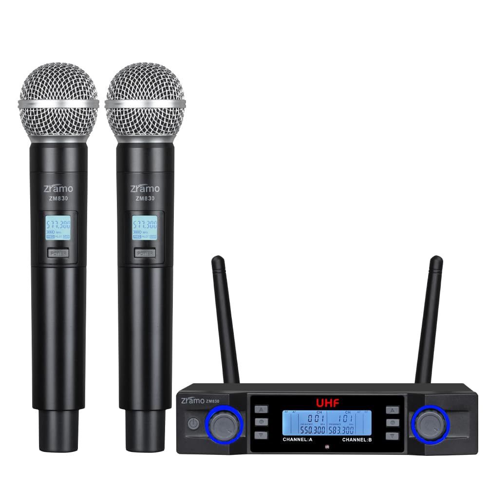ZRAMO 200-Channel Wireless Microphone System, Dual UHF Metal Cordless Mic Set, Long Distance 160-250Ft,Auto Scan Frequency, Use For Karaoke Singing, F