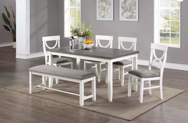 Merax 6-Piece Solid Wood Dining Table Set for 6, Farmhouse Kitchen Room Table Set with 1 Bench and 4 Upholstered Chairs, Wooden Legs Dining Set for Li