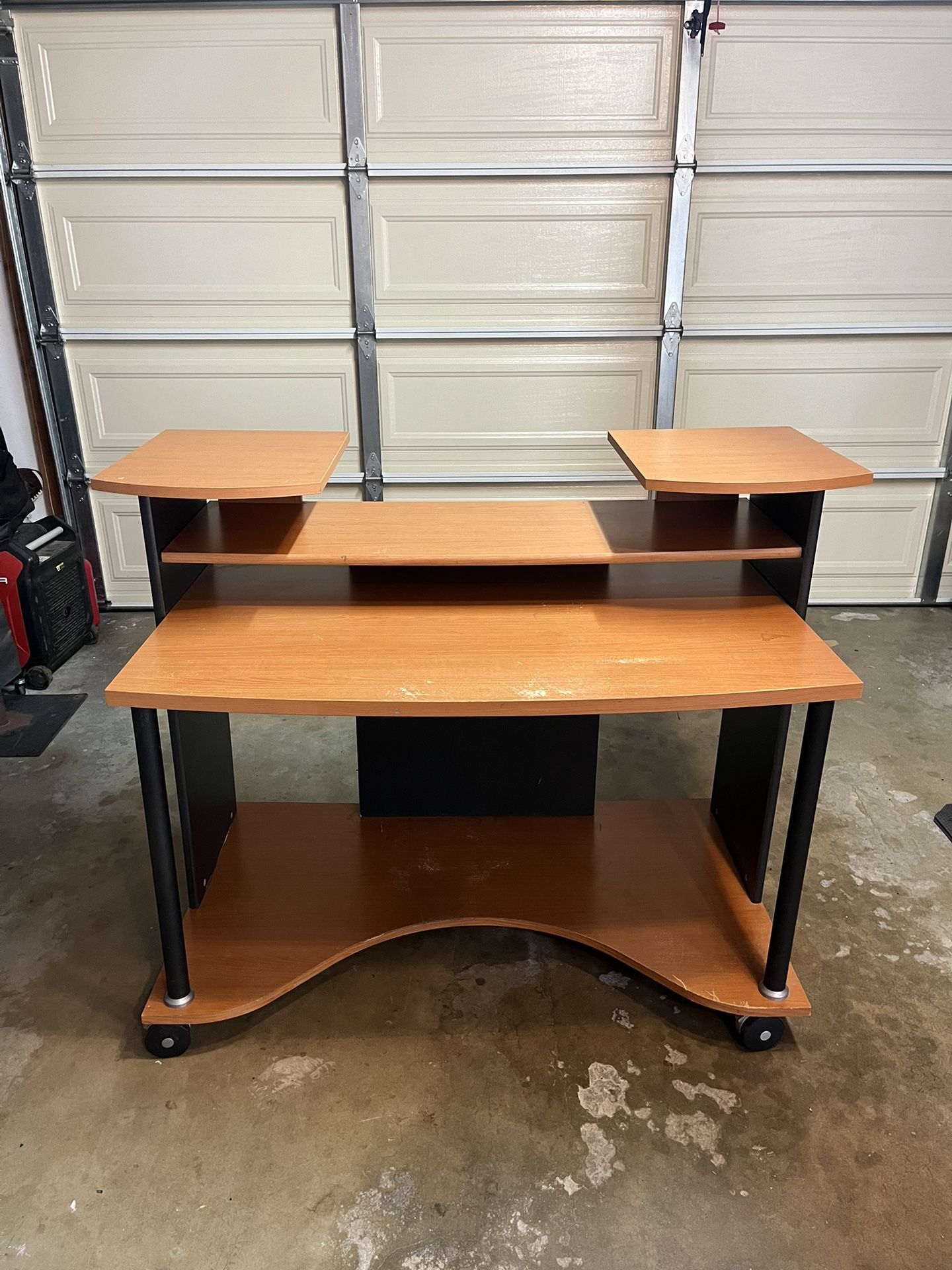 Wood Desk w/ Wheels + Speaker Stands + Monitor Stand