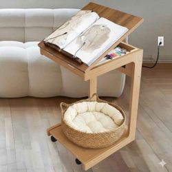 C Shaped End Table with Charging Station, with wheels. Light Brown Like First Picture. 