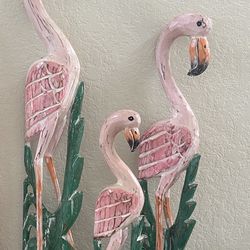 Three large beautiful set of pink, flamingos hand carved Indonesia