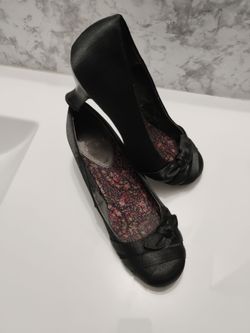 Black Satin Heels with Bow Detail