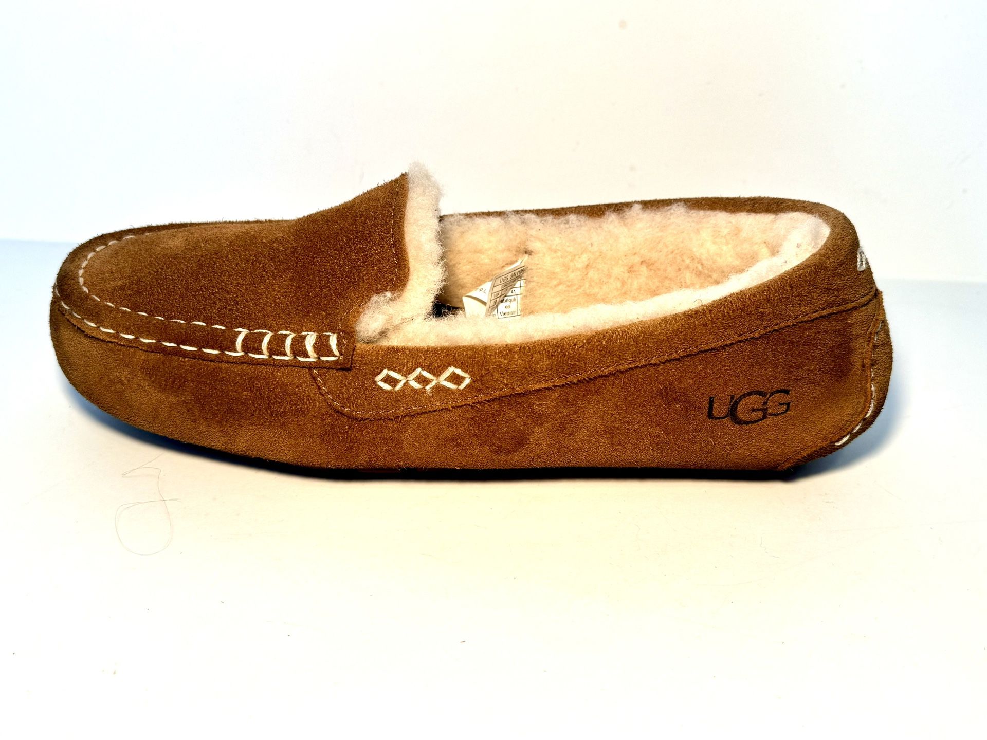 Ugg Womens Ansley Moccasin Slippers Tan Chestnut Suede Sheepskin Size 10 Lined