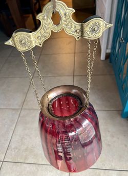 Antique Pull Down Victorian Hanging Hall Oil Lamp Red Cranberry Glass Globe Ornate Brass