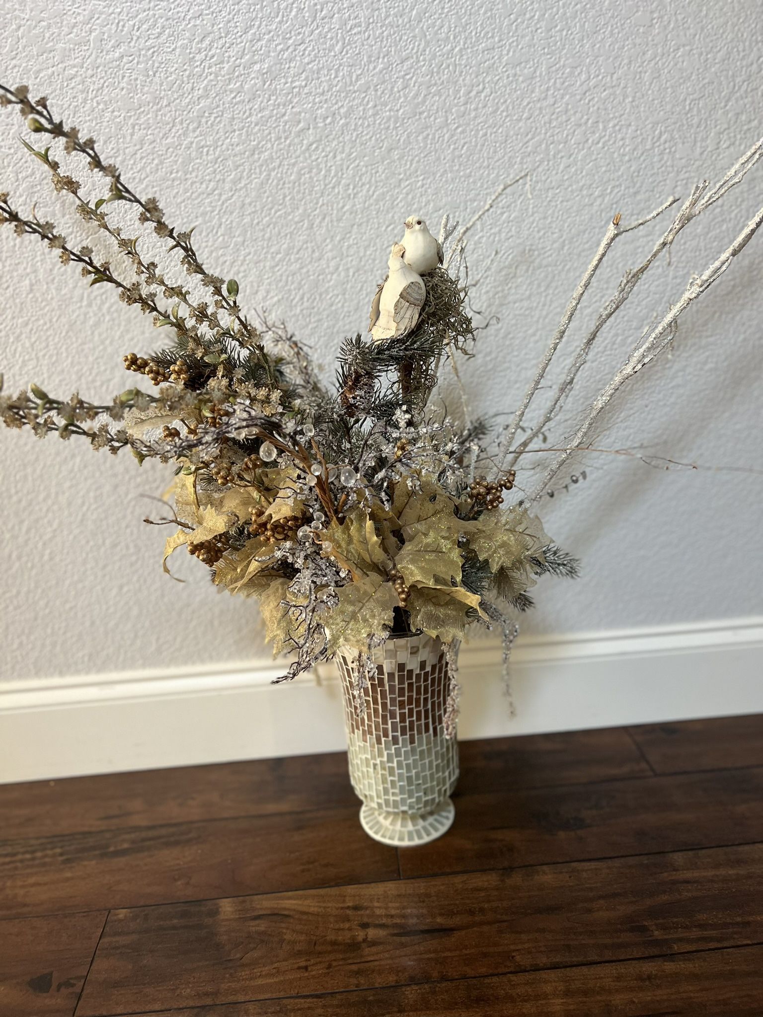 beautiful seasonal floral arrangement in vase fall winter silver gold artificial flowers leaves