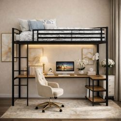 Twin bed Loft Bed with L-Shape Desk, LED Lights, Charging Station & 2 Storage Shelves, Metal Loft Bed with Safety Guardrail, No Box Spring Needed