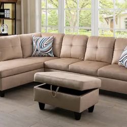 Beige linen sectional couch and ottoman