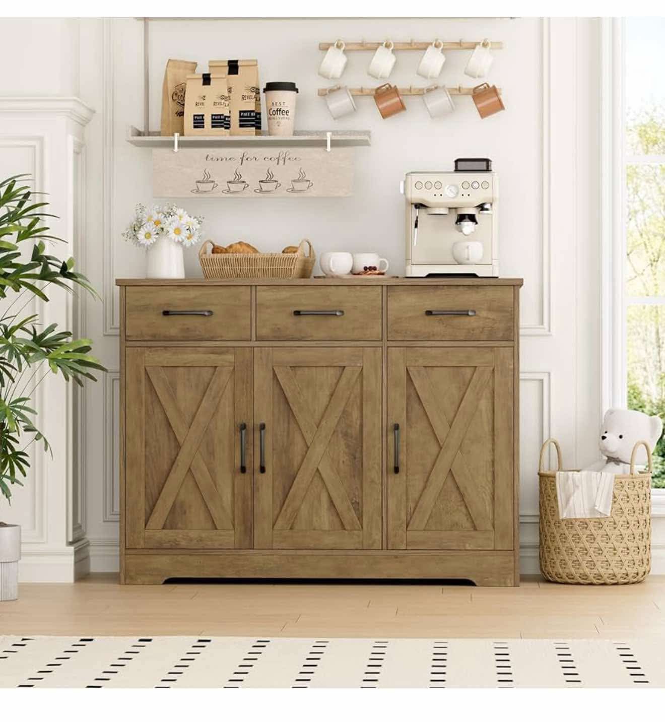 Farmhouse Buffet Sideboard Cabinet, Doors Storage with Drawers and Shelves, Sideboard Brown S-7