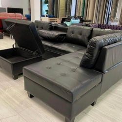 Brand New Black Faux Leather Reversible Sectional with Storage Ottoman 