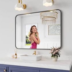 New Bathroom Mirror, 30X40 Inch Black Metal Framed Mirror for Bathroom