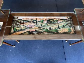 Rare & Complete Vintage Mid-Century Modern 3D Carved Alpine Landscape 3-Piece Table Set