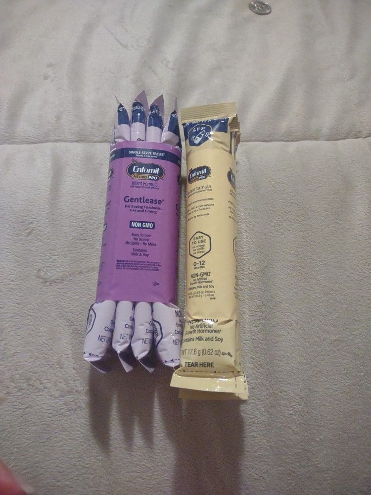 Enfamil Single-serve Packet's Purple One Is Gentlease & The Yellow One Is 0-12 Months