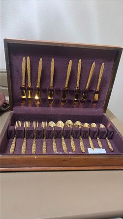 Gold-Tone Flatware Set in Wooden Case