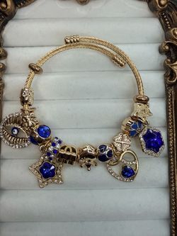 Gold Tone Charm Bangle Bracelet Blue Crystals