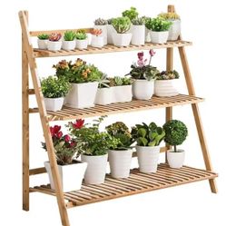 8FNZ100-G2 3Tier Bamboo Plant Stand Outdoor Indoor Flower Stand Folding Plant Display Stand Ladder Shelf Corner Planter 100CM