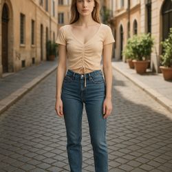 Madden Girl Short Sleeve Ruched Drawstring Crop Top Light Peach Sz L NWT