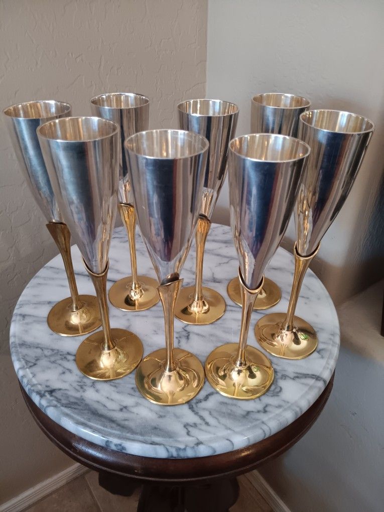 $39 Vintage PENCO Brass Silver-plated Stemmed Champaign/Wine Goblets. Set of 8 Beautiful Condition