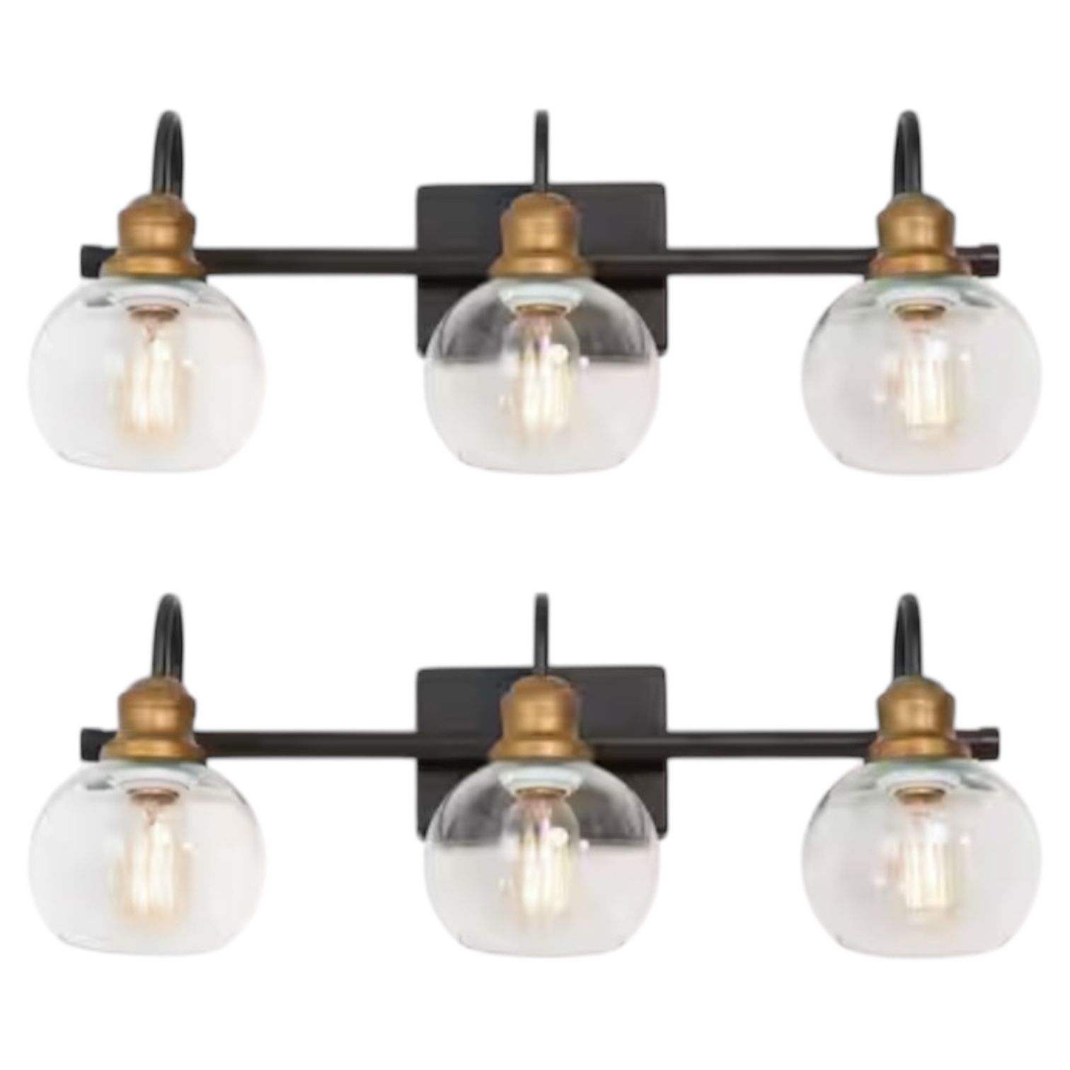 Set Of Two 22.5 in. 3-Light Modern Aged Brass and Black Bathroom Vanity Light with Clear Glass Globe Shades Bathroom Sconces