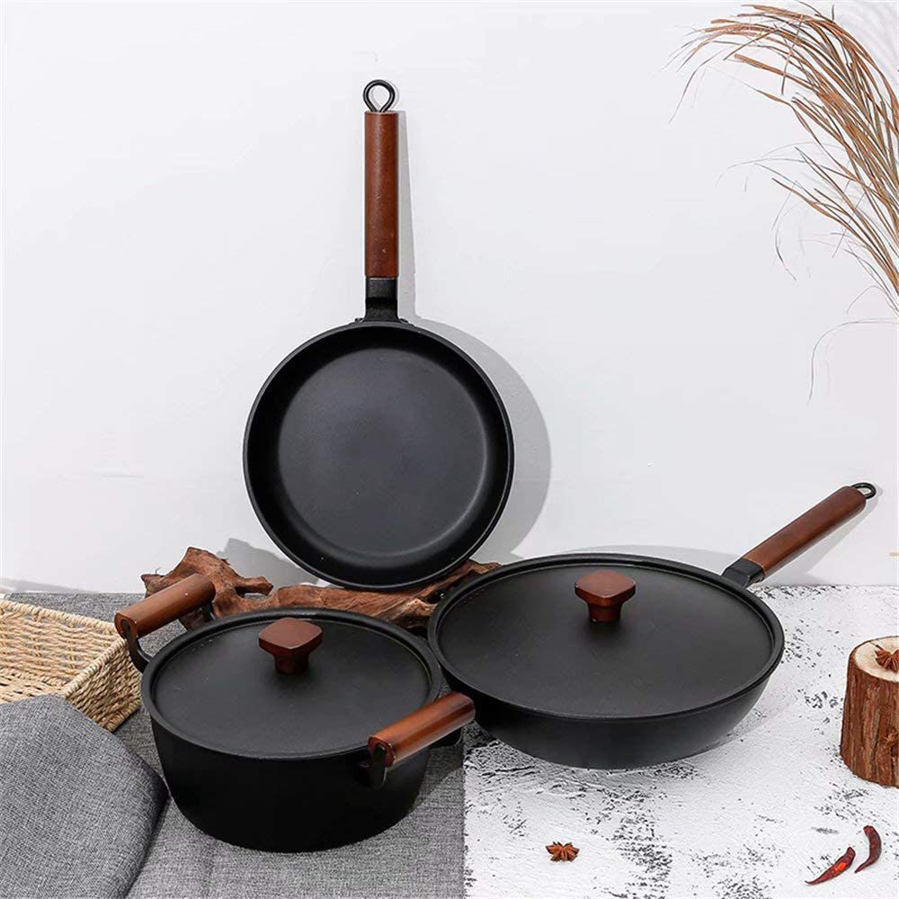 New Quality 3 pc Cast Iron Non Stick Pot Set Cook Ware Frying Pan Sauce Pot with Cover Wok