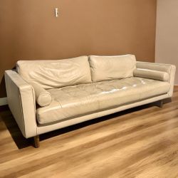 Cream Leather Mid Century Modern Sofa
