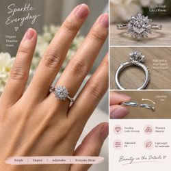 Sparkling Adjustable Flower Ring – Silver Tone