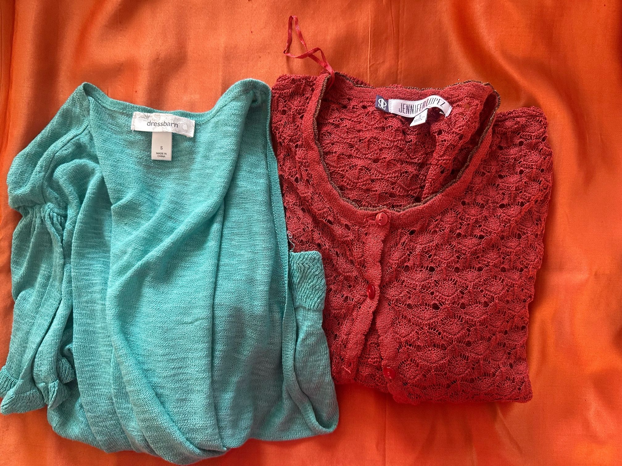 2 small size shrugs / cardigans. Green Dress Barn + Rust colored Jennifer Lopez