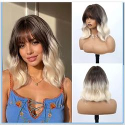Short Wavy Ombre Wig with Bangs