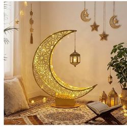 3ft Large Metal Ramadan Decorations Islamic Crescent Moon Decor with Lantern Eid Mubarak Kareem LED Light Decor Islamic Table Centerpieces Gift for Mu