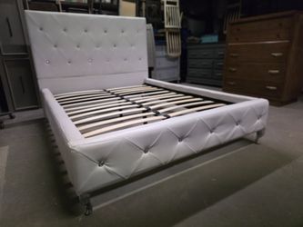 Modern White Leather Full Size Platform Bed Frame