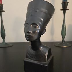 Mid Century Vintage Egyptian Ceramic Bust of Queen Nefertete painted black Signed and Dated 1969