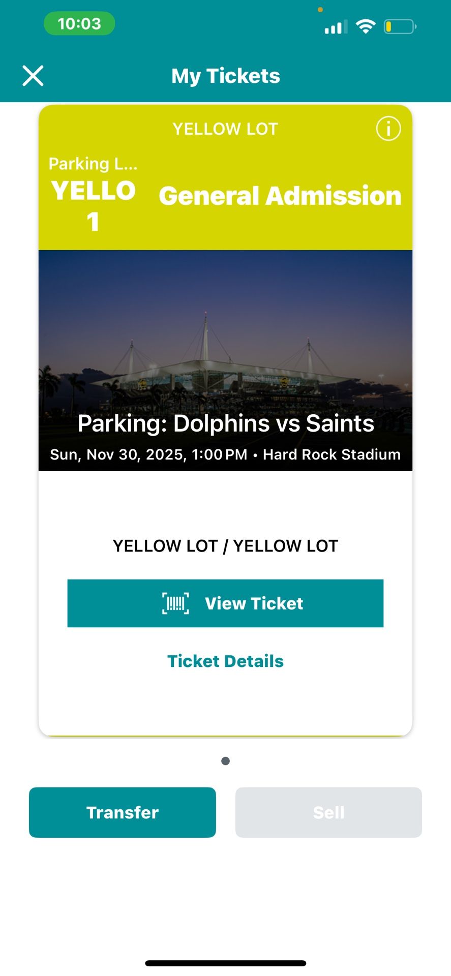 Miami DOLPHINS PARKING PASS 