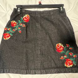 Black Denim Flowered Skirt