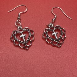 Heart Cross Dandling Or Posts Earrings