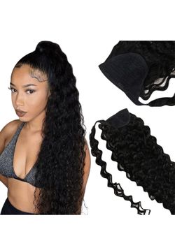 VeSunny Human Hair Ponytail Extension Curly Black Ponytail Hair Piece For Women Natural Wave Pony Tail Hair Extensions Wrap Around Ponytail with Clip 