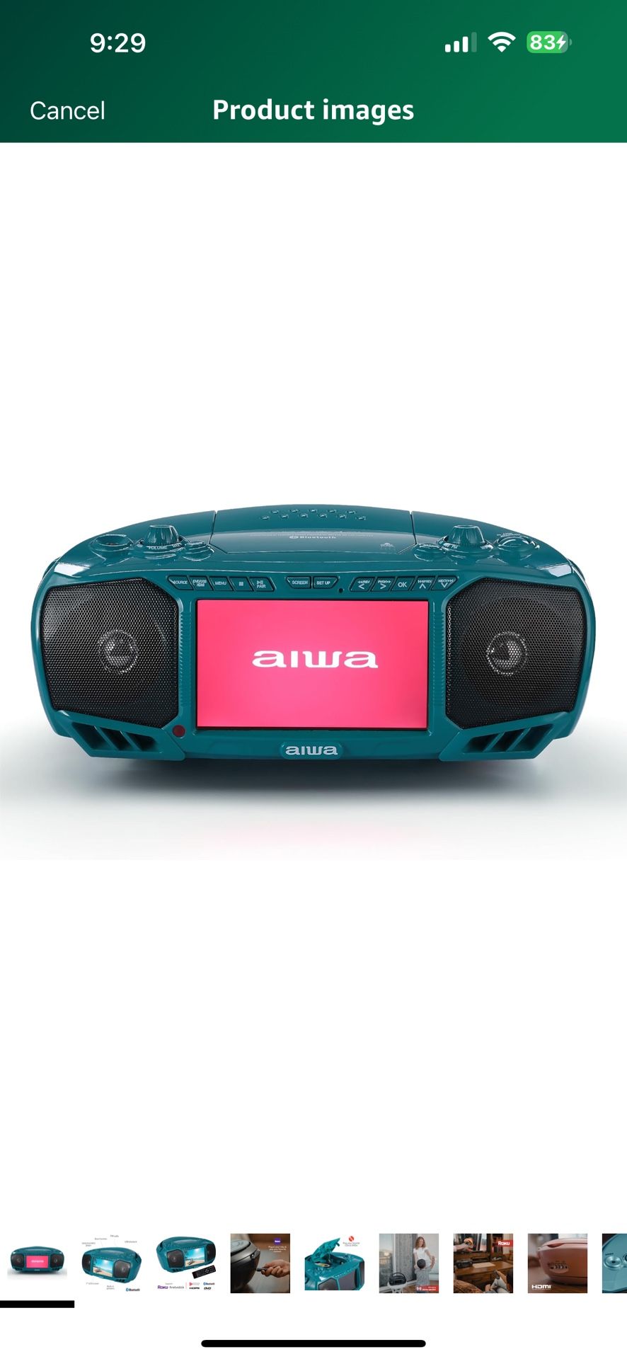 Aiwa Portable Boombox, Crystal Clear Sound with 3W x 2 Speakers and Bass Function, Featuring a 7" LCD Display, Bluetooth Connectivity, FM Radio, CD/DV