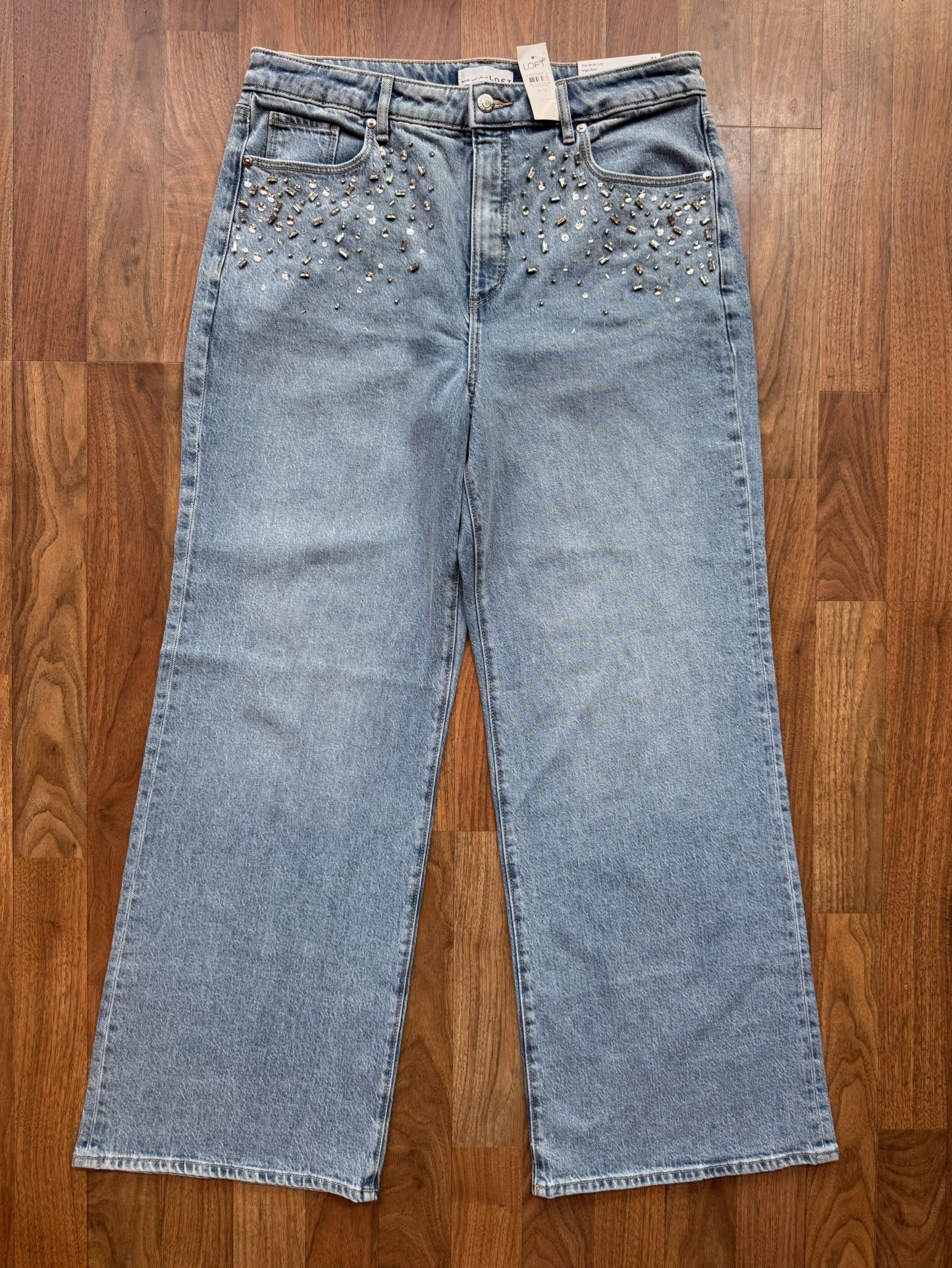 LOFT Wide Leg High Rise Curvy Light Wash Jeans Sz 31 / 12 Rhinestone Embellished