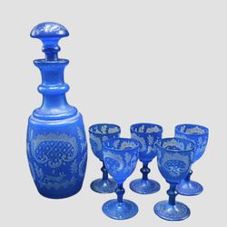 Antique Bohemian Engraved Blue Crystal Liquor Decanter Bottle & 5 Matching Crystal Cordial Glasses. Circa 1(contact info removed)