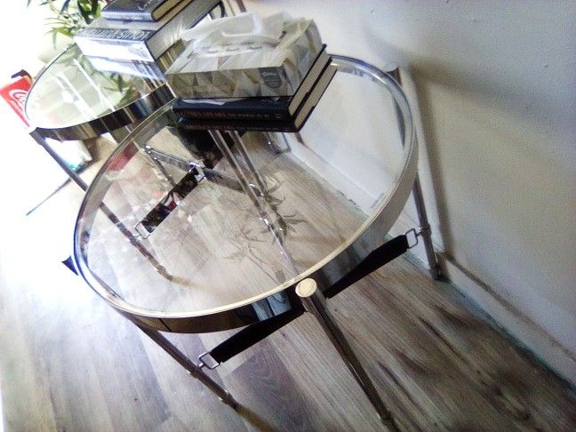 2 Chrome Glass And Leather End Tables