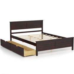 Full Size Bed Frame W/ Storage Drawers Solid Wood Headboard Espresso Coffee HU10561CF-F