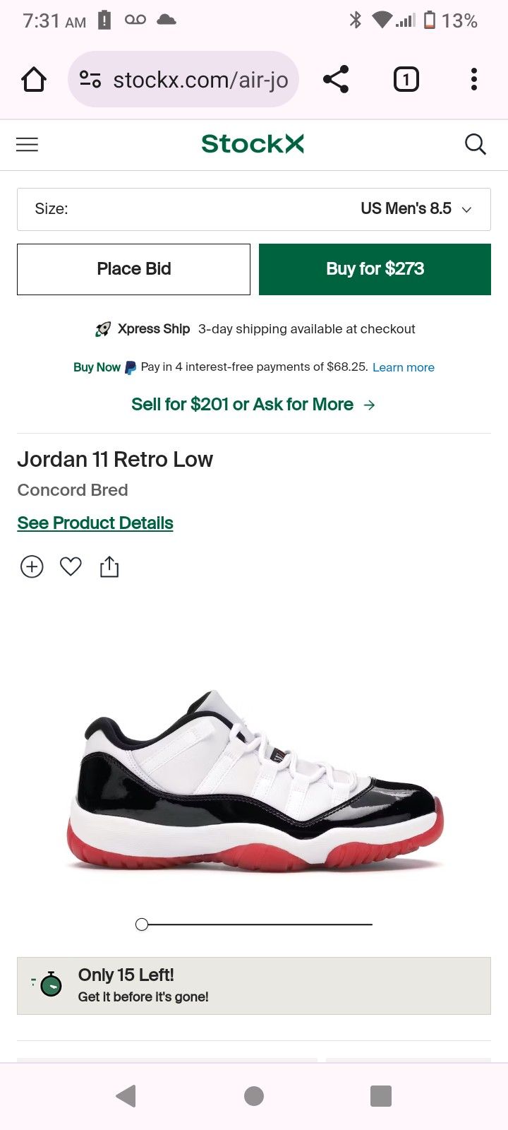 Jordan 11 Retro Size 8.5 $70