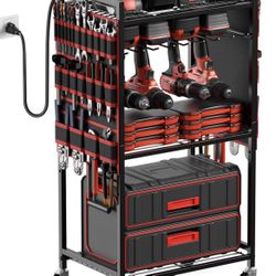 JUNNUJ Heavy Duty Power Tool Organizer Cart with 8 Outlet Charging Station-Red