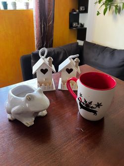 Small planter, coffe mug, and tiny birdhouses