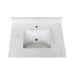 31-inch Quartz Bathroom Vanity Top, 3/4 Thick with Undermount Single Bowl Middle Sink, 4 Inch High Backsplash, 1 Pre-Drilled Faucet Hole, Stain & Heat